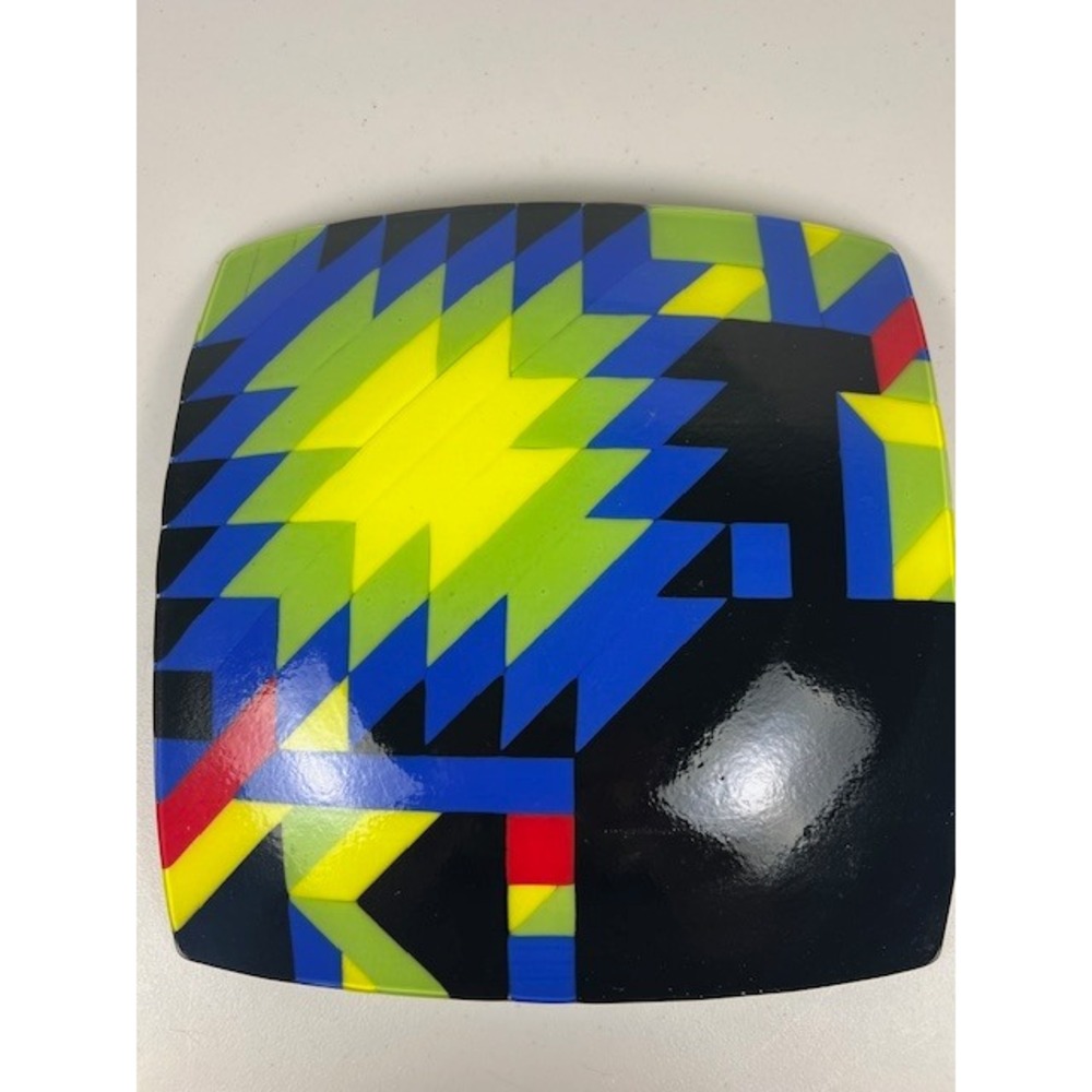 Handcrafted Fused Glass Square Console Abstract Geometric Black Blue Yellow 12in - Picture 8 of 10